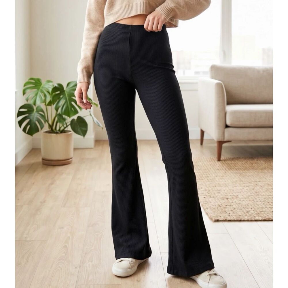 Missguided pants womens 10 pull on knit flared black ribbed stretch casual retro